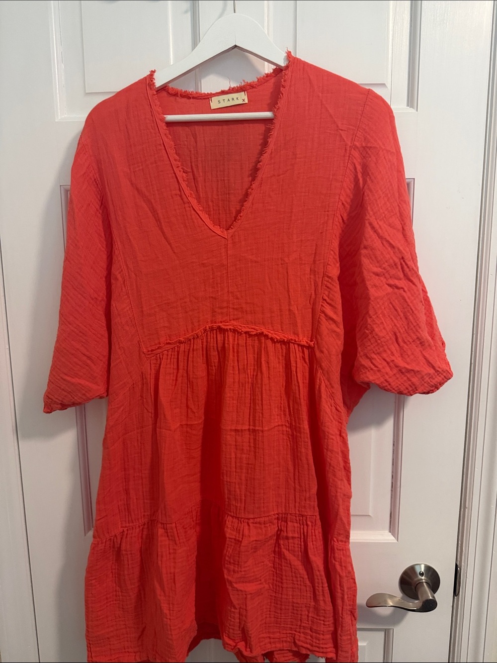 STARK Coral V-Neck Tiered Cotton Dress